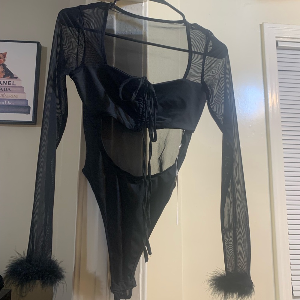 Black Sheer Fur Long Sleeve Bodysuit One Piece Onesie
